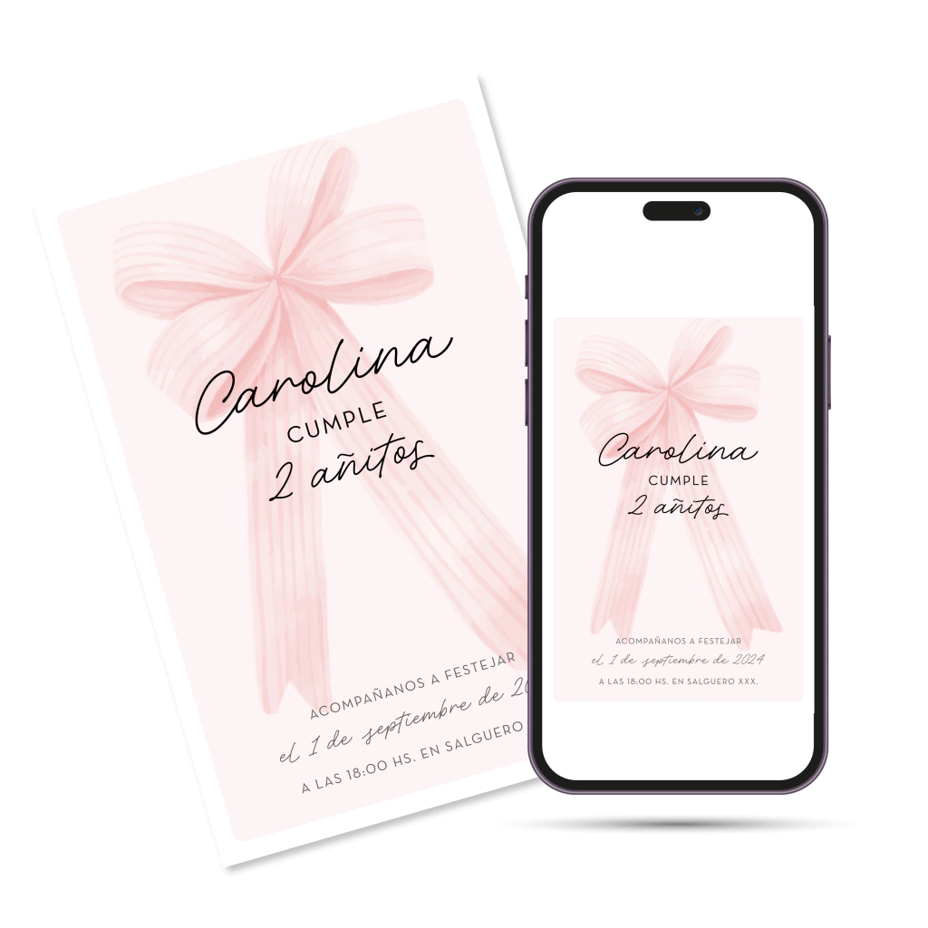 Invitación Imprimible + Digital moño rosa coquette
