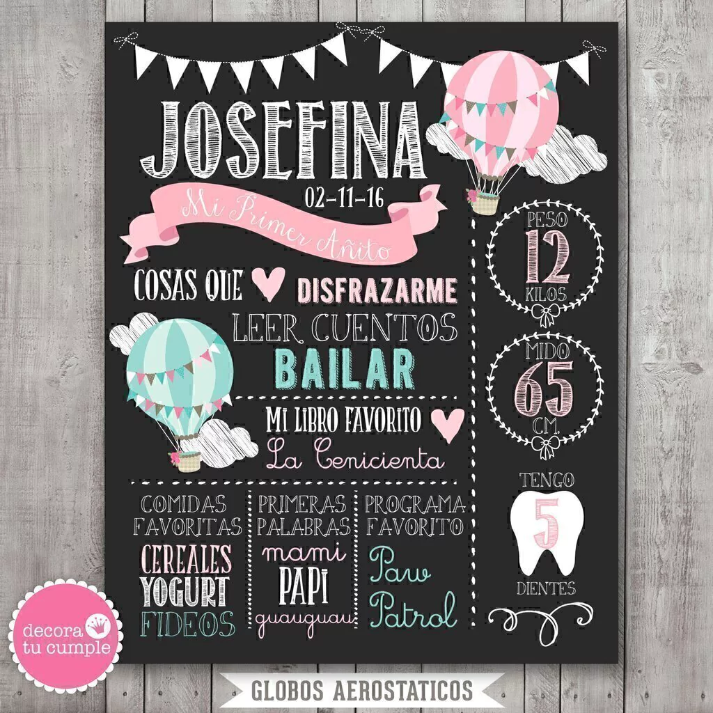 Lámina pizarra imprimible personalizada globos aerostáticos pastel