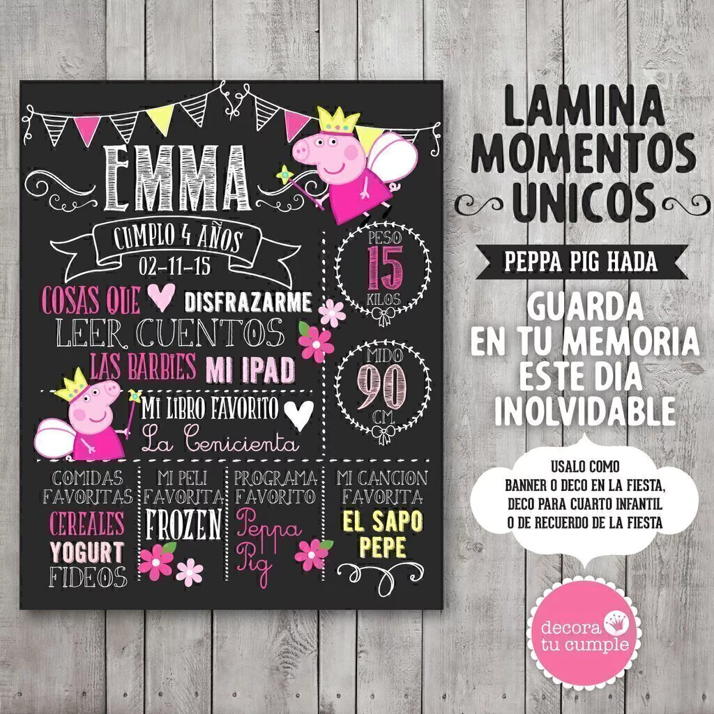 Lámina pizarra imprimible personalizada Peppa Pig hada