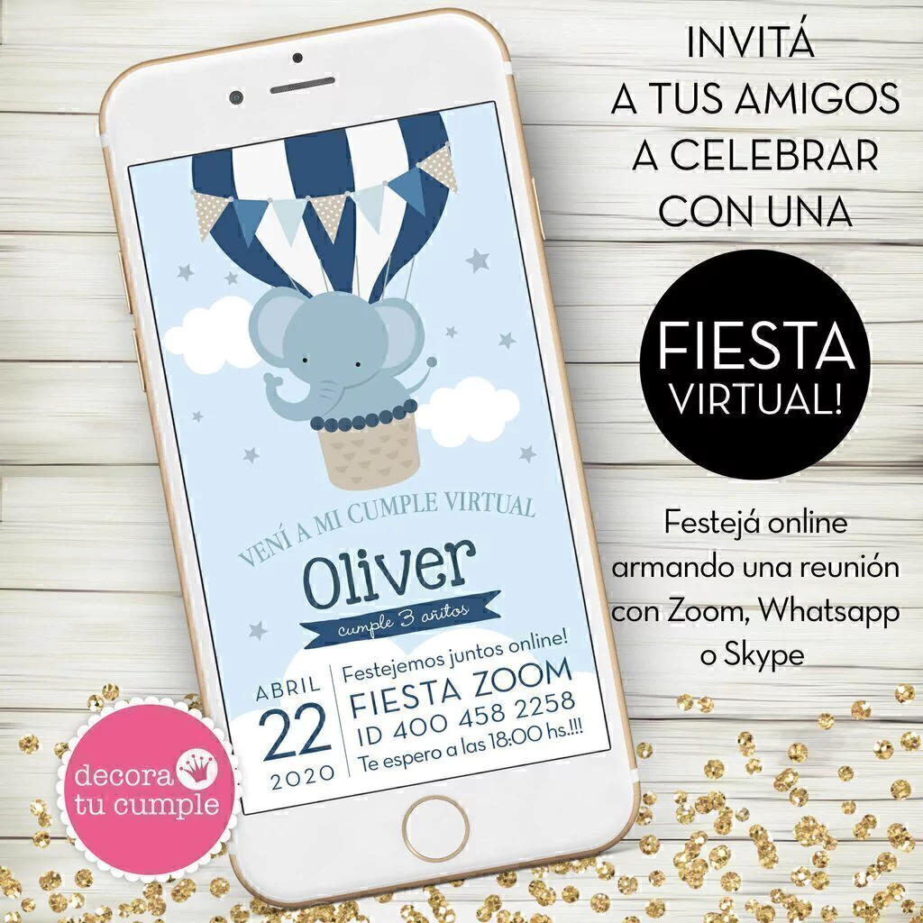 Invitación Digital Virtual cumpleaños elefante viajero azul