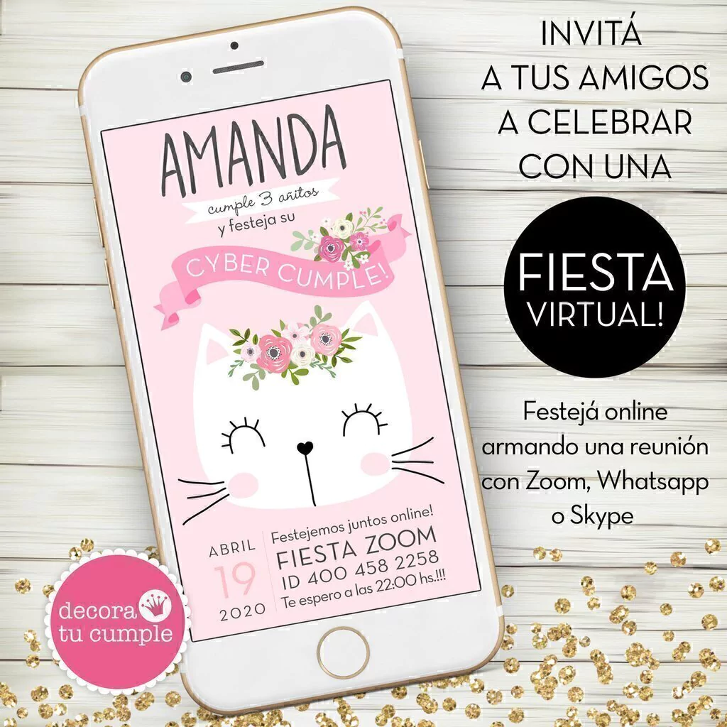 Invitación Digital Virtual cumpleaños gatita flores romántica rosa