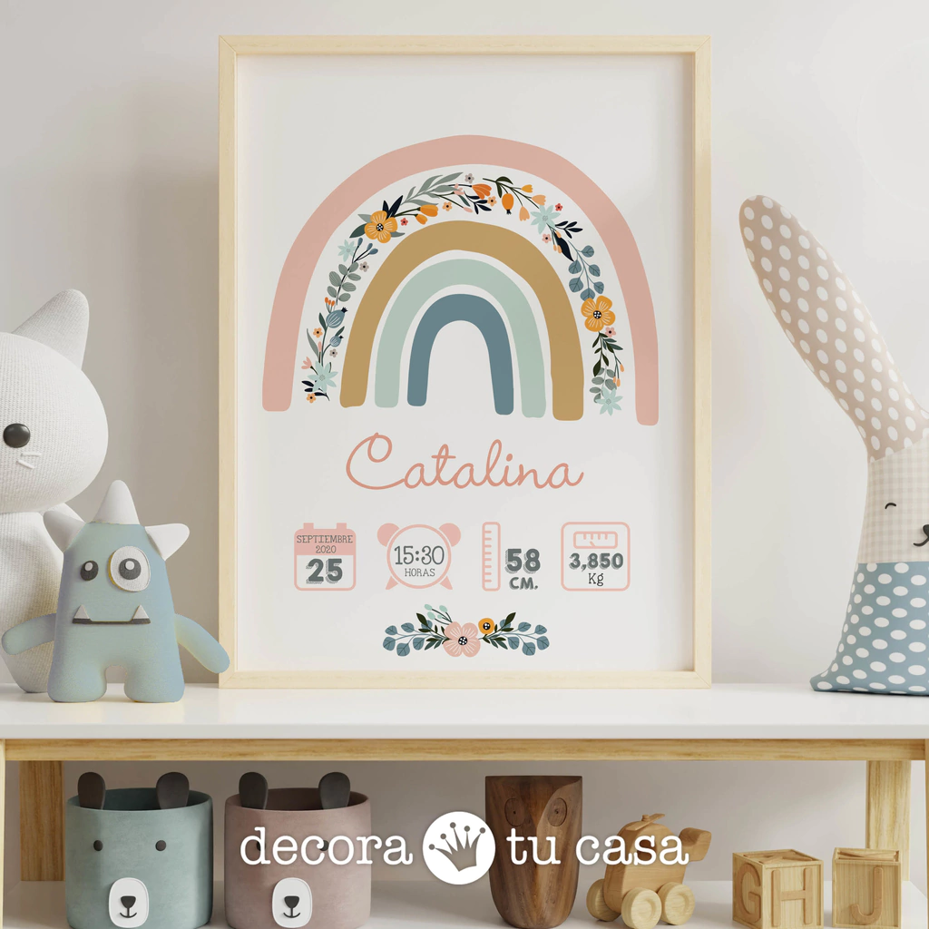 Lámina nacimiento deco arcoiris nórdico boho colores de la tierra flores