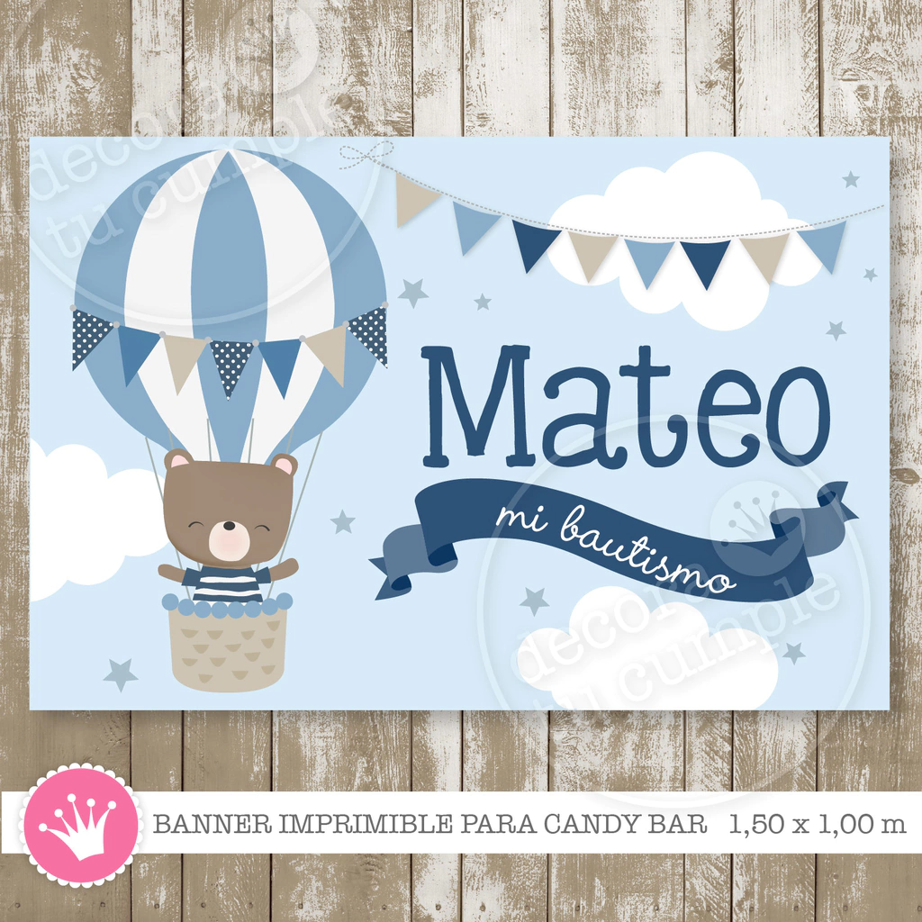 Banner imprimible personalizado osito viajero globo aerostático