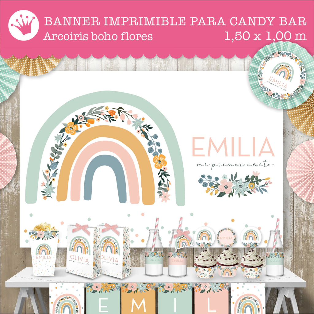 Banner imprimible personalizado arcoiris boho flores