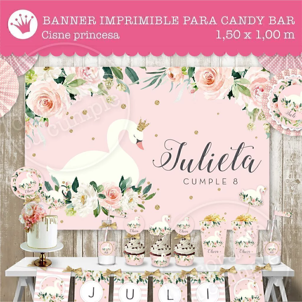 Banner imprimible personalizado candybar cisne princesa
