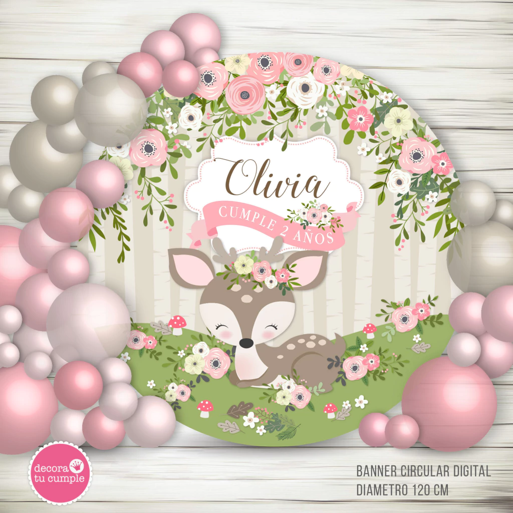 Banner imprimible ciervita flores romantica personalizado circular