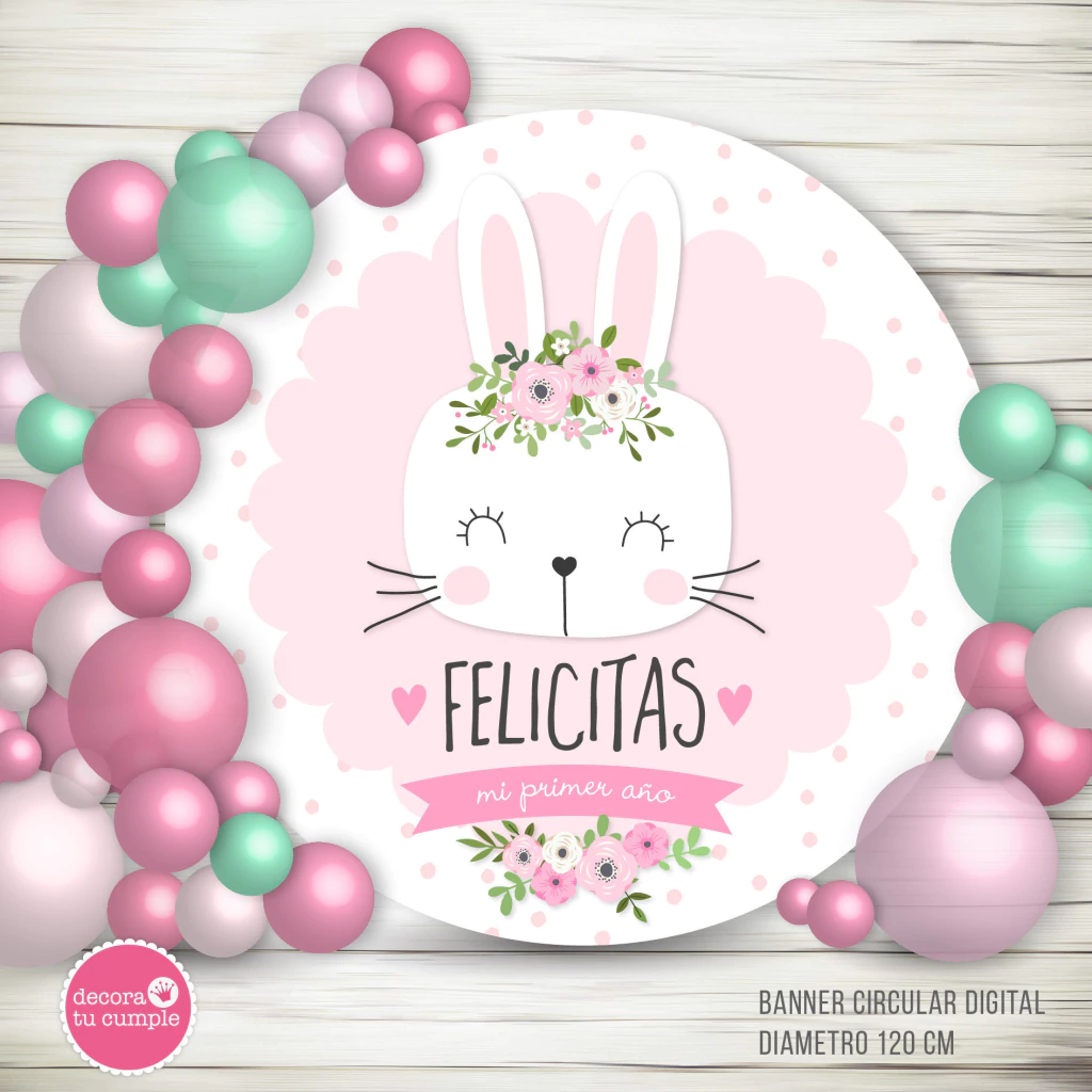 Banner Circular Conejita Rosa Imprimible Cumpleaños 1
