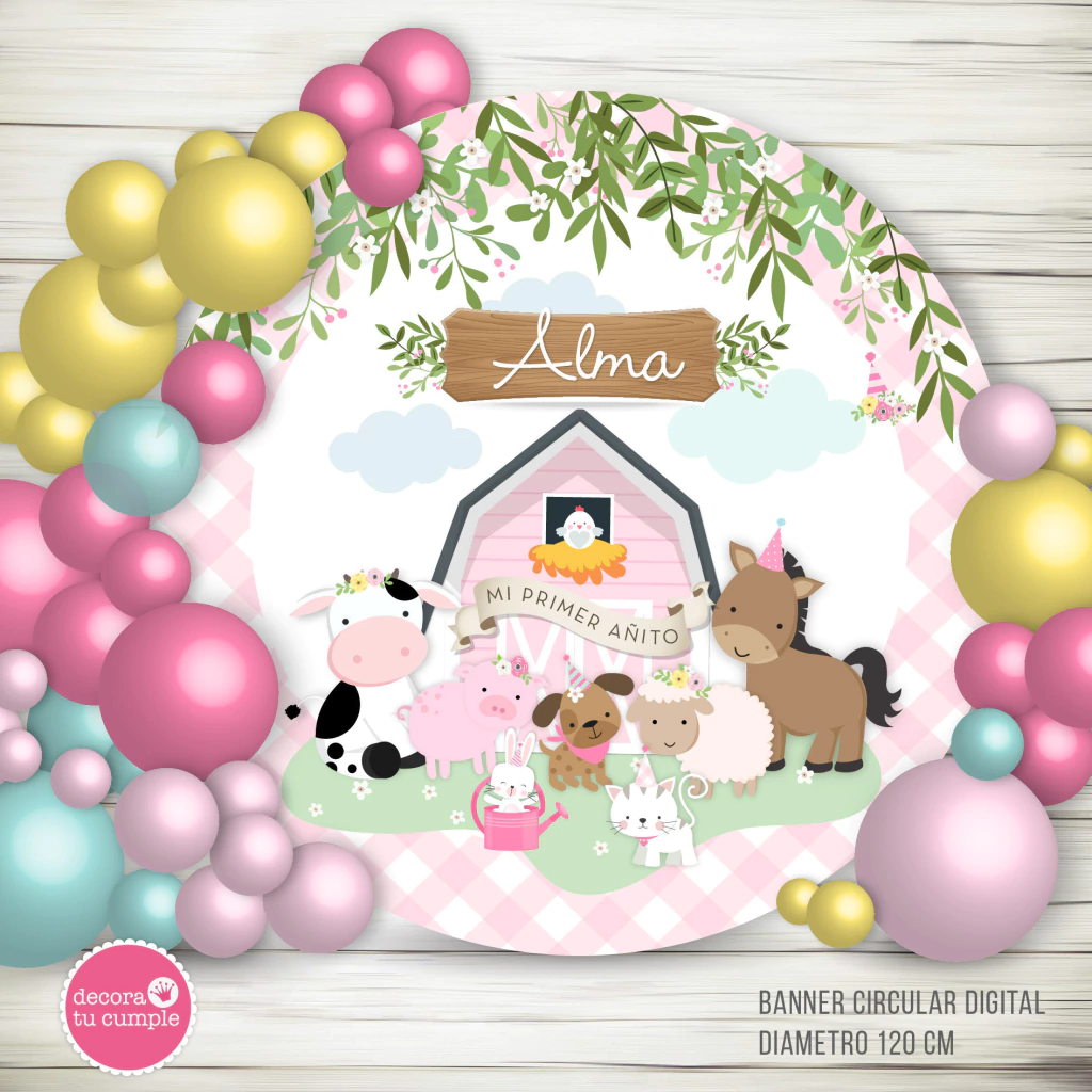 Banner imprimible animalitos de la granja rosa pastel circular