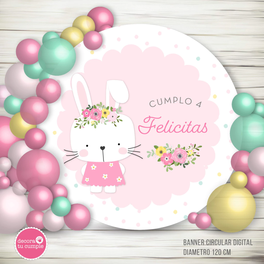 Banner imprimible conejita pastel personalizado circular