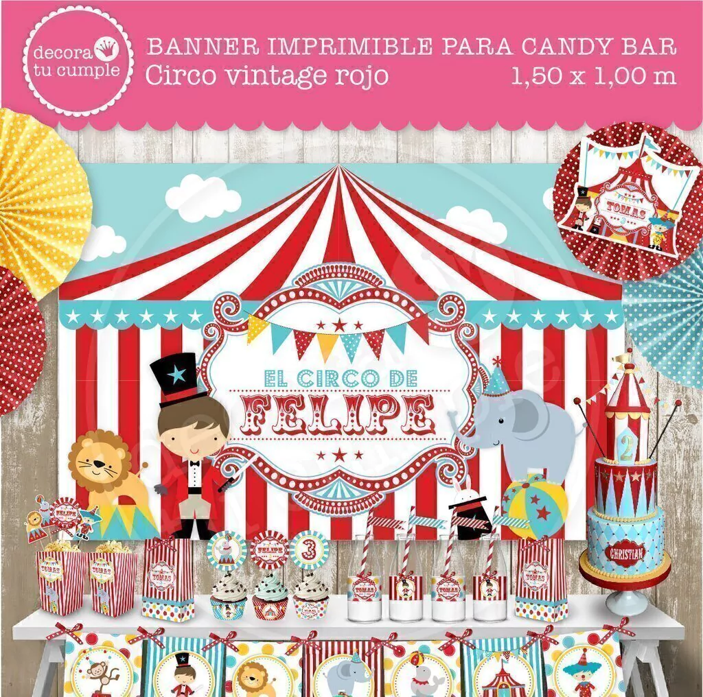 Banner imprimible personalizado para candybar circo vintage rojo