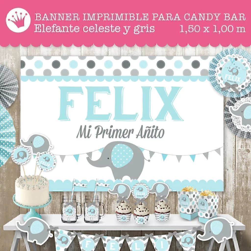 Banner imprimible personalizado para elefante bebé celeste