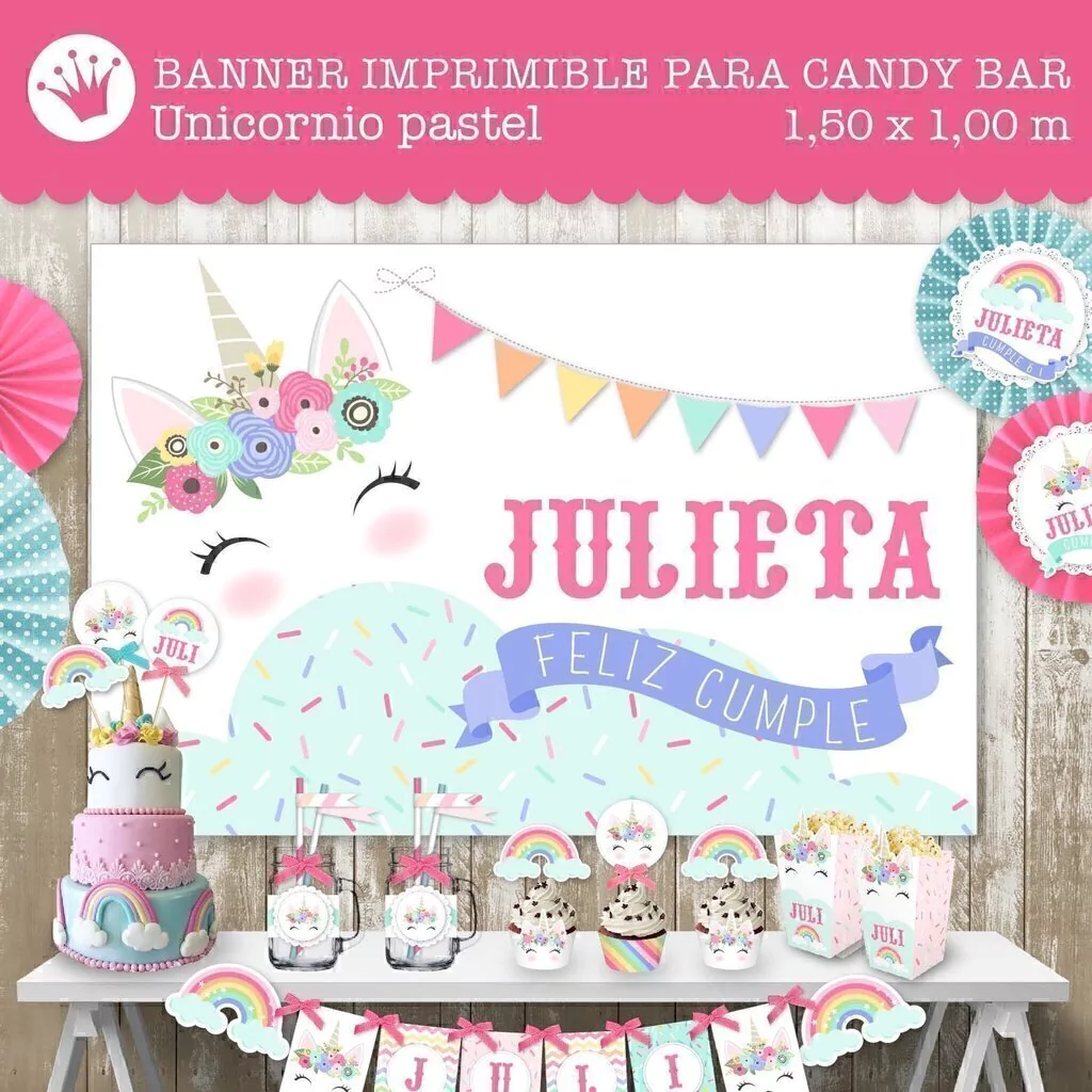 Banner imprimible personalizado para candybar unicornio pastel