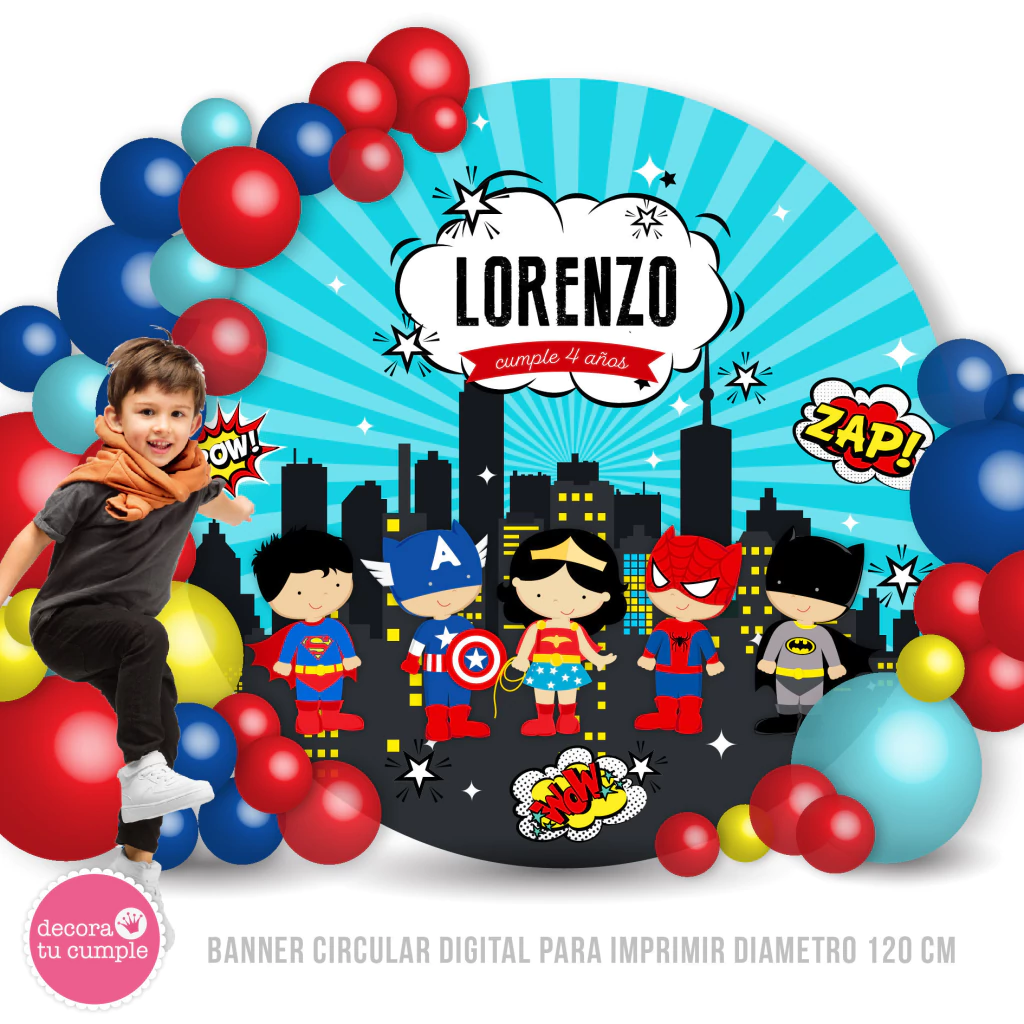 Banner imprimible mini super heroes batman superman spiderman mujer maravilla circular