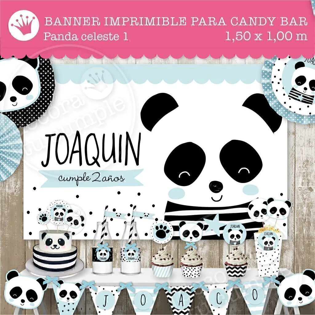 Banner imprimible personalizado para candybar panda celeste bebé