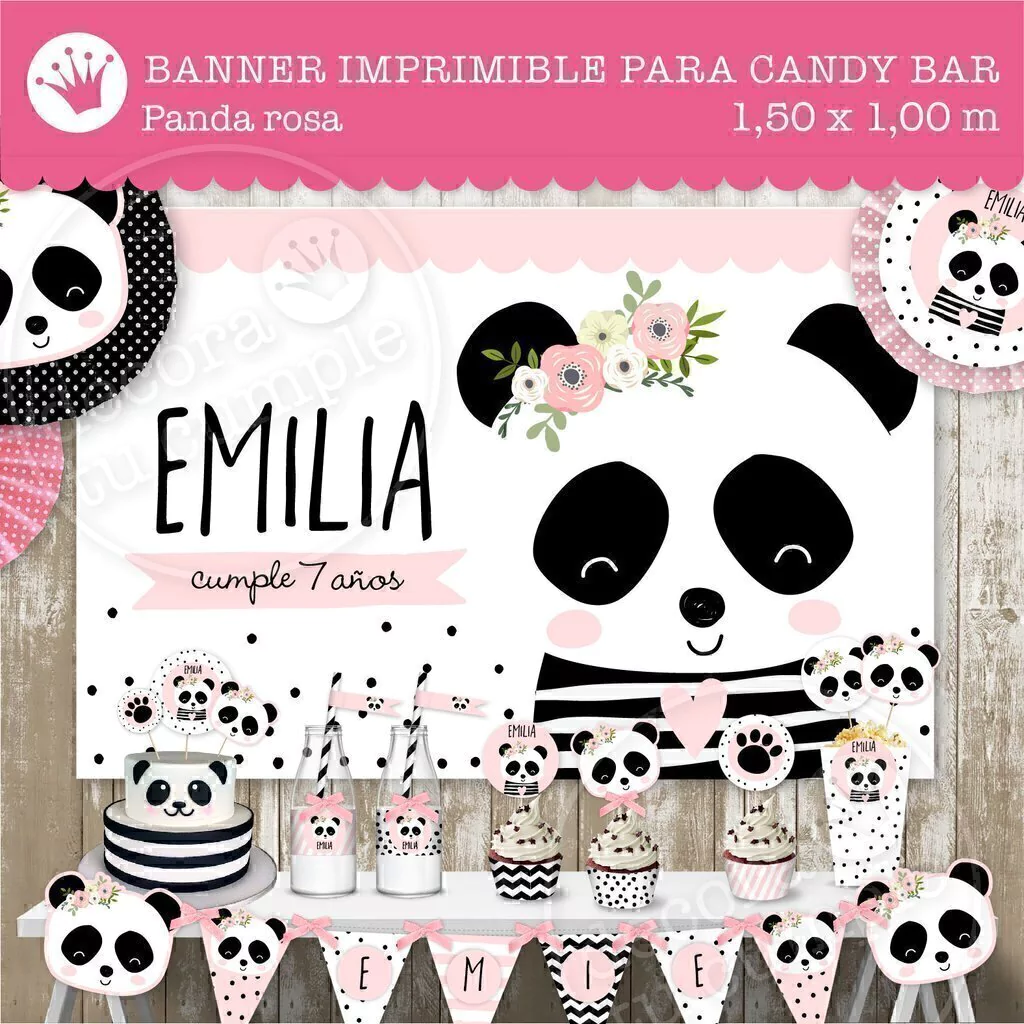 Banner imprimible personalizado para candybar panda rosa flores