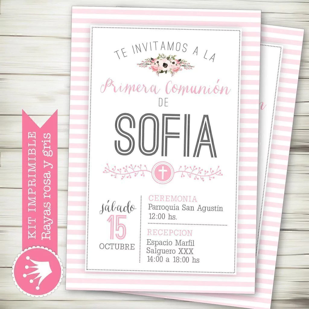 Kit Imprimible Comunión Rayas rosa y gris