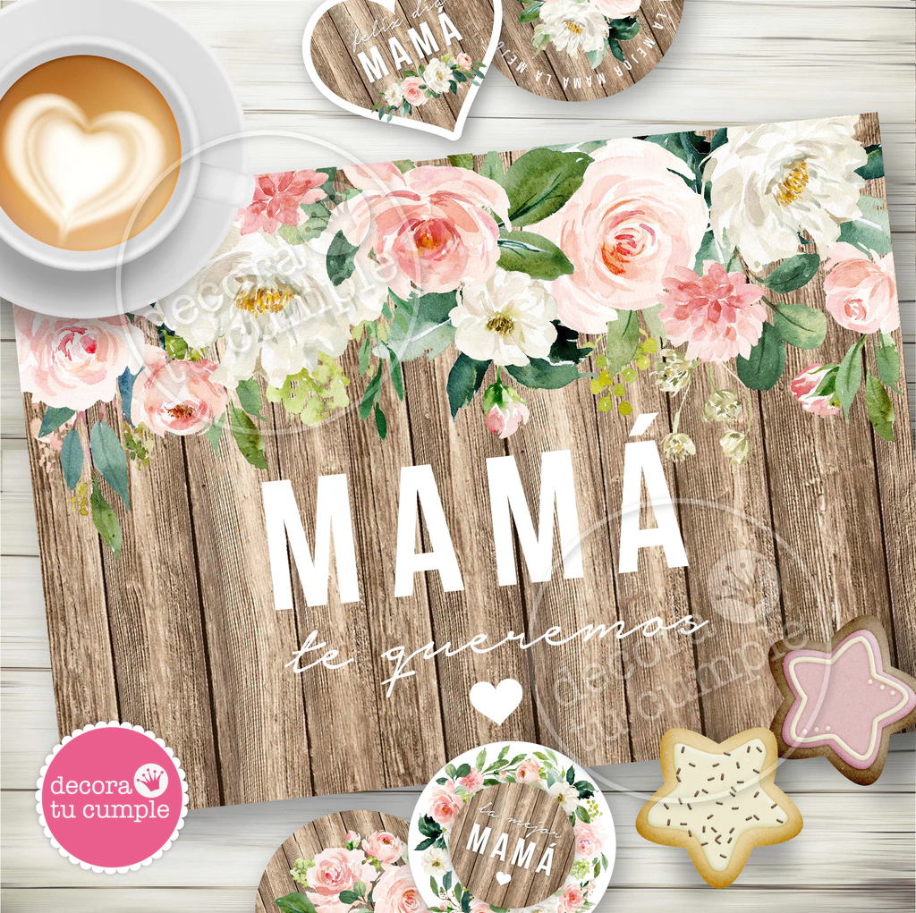Kit imprimible madera flores boho vintage mamá
