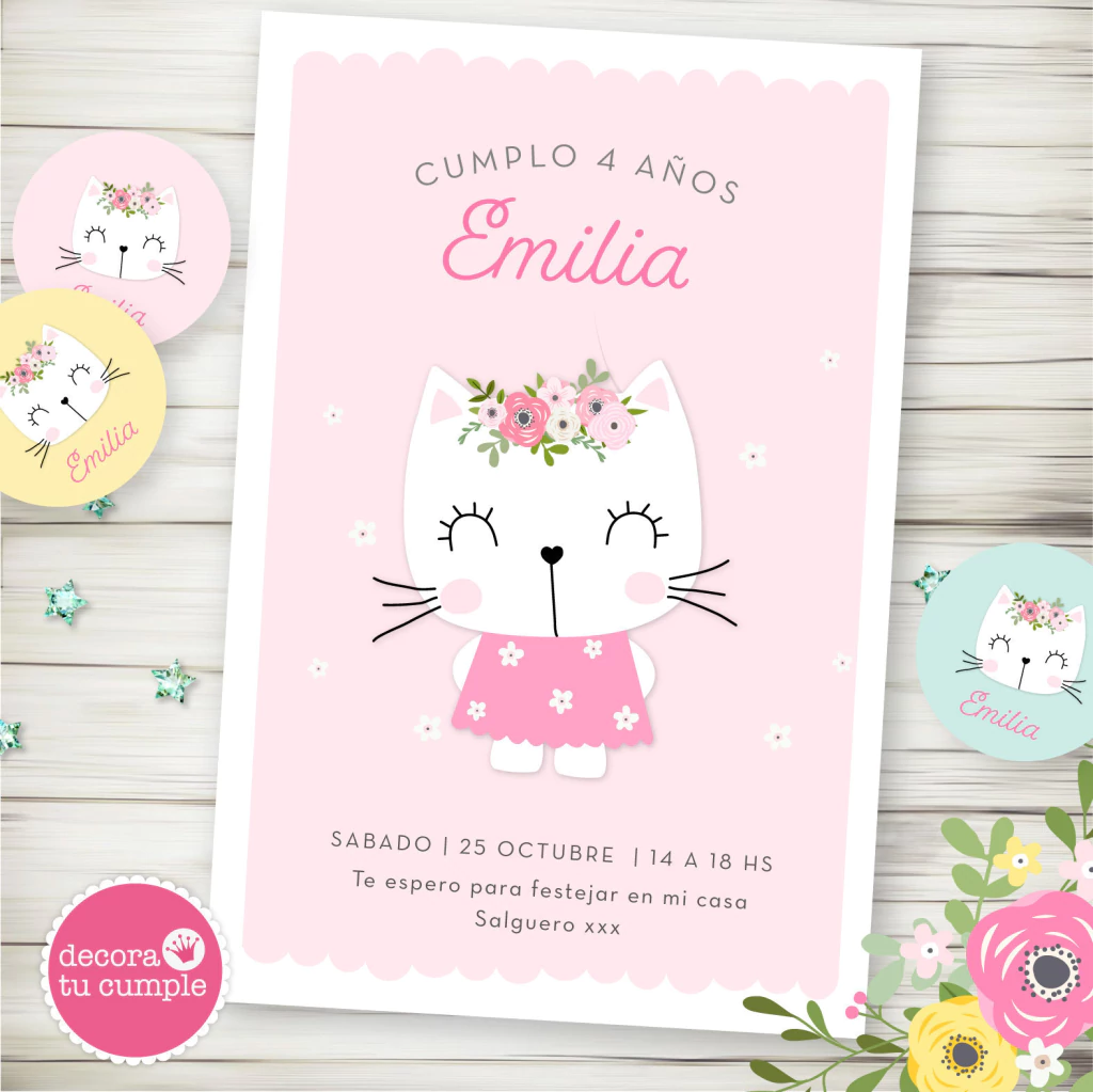 Kit imprimible Gatita Flores Pastel 01