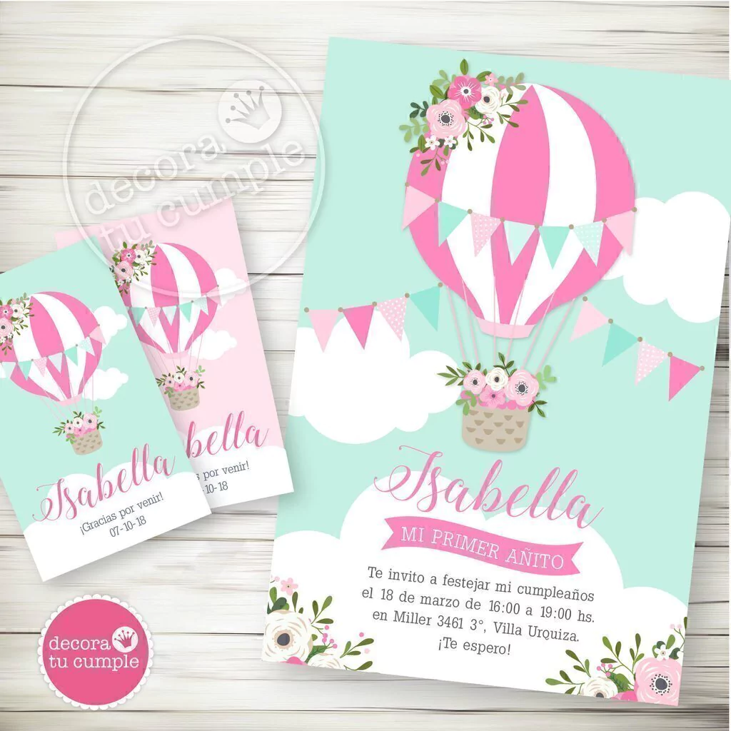 Kit Imprimible Globo Aerostático Rosa flores shabby colores pastel