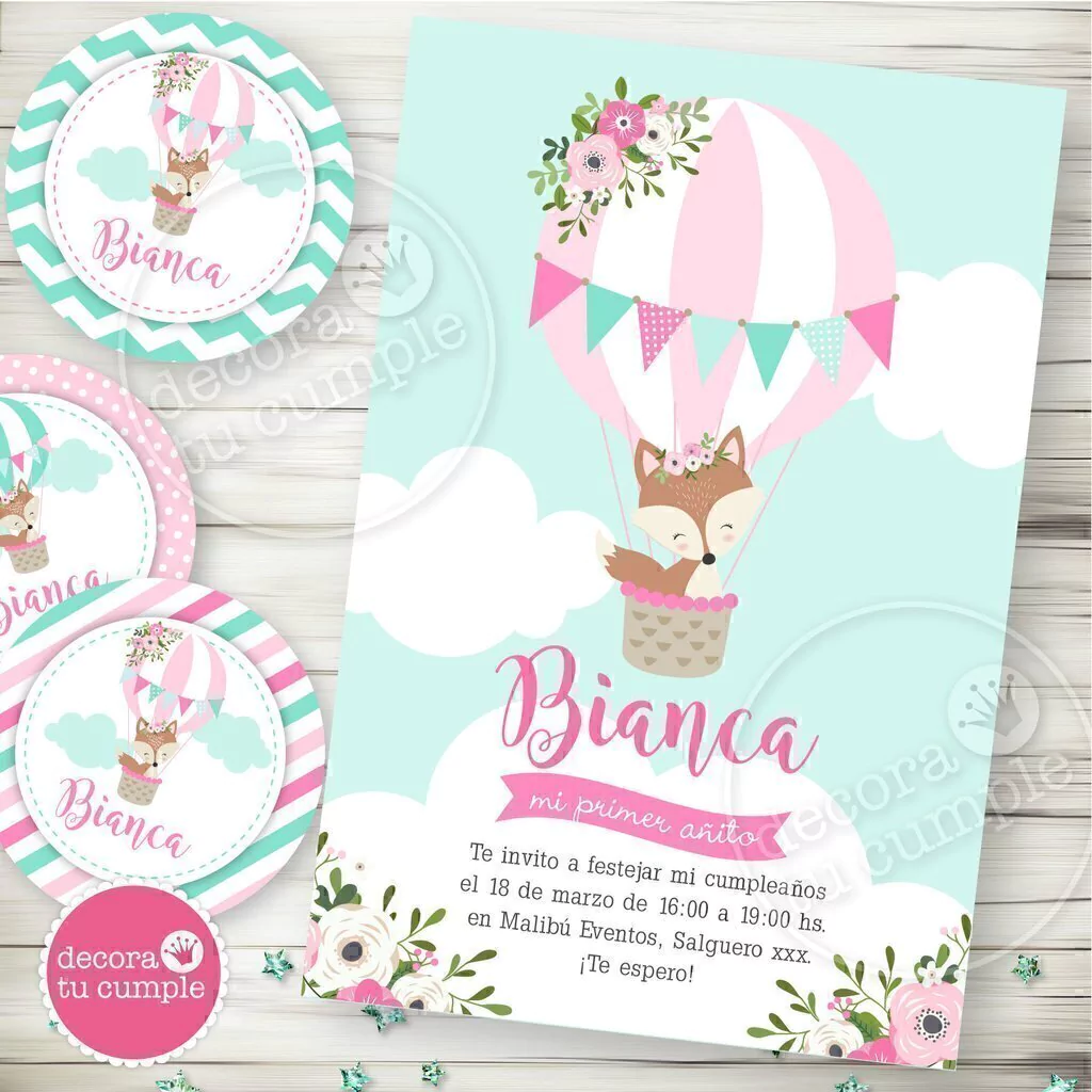 Kit imprimible globo aerostático zorrito viajero rosa