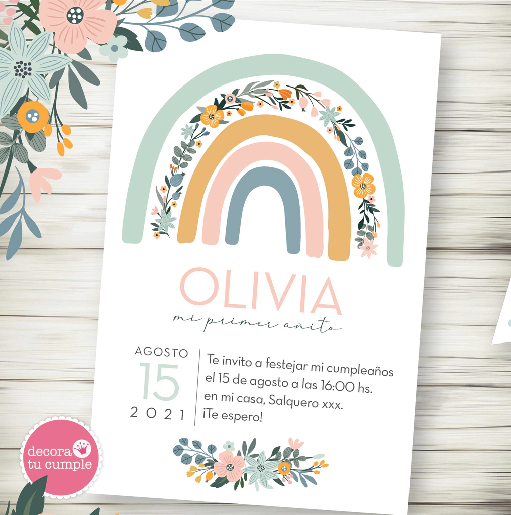 Invitación Imprimible + Invitación Digital arcoiris nórdico boho flores
