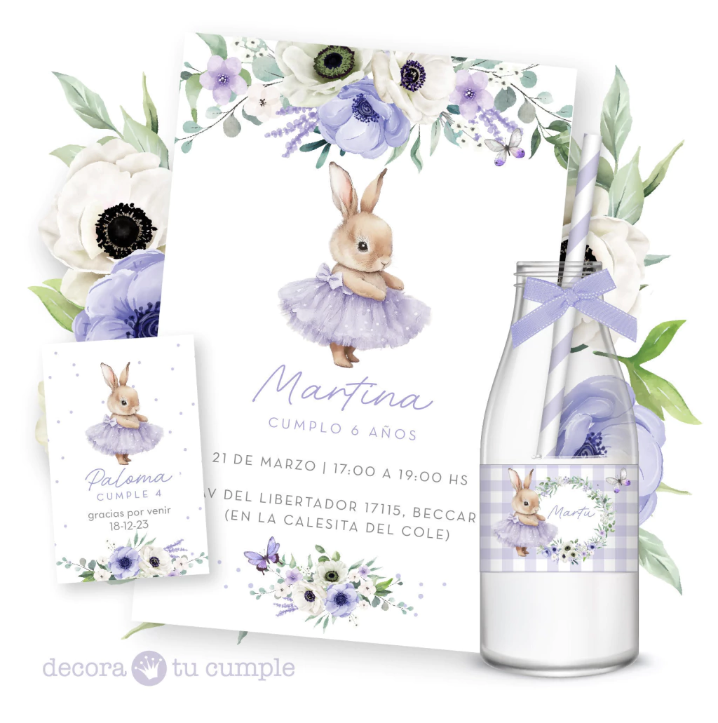 Kit Imprimible conejita bailarina acuarela lila