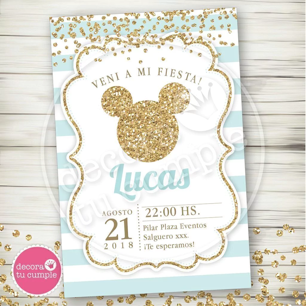 Kit imprimible personalizado mickey celeste y dorado glitter