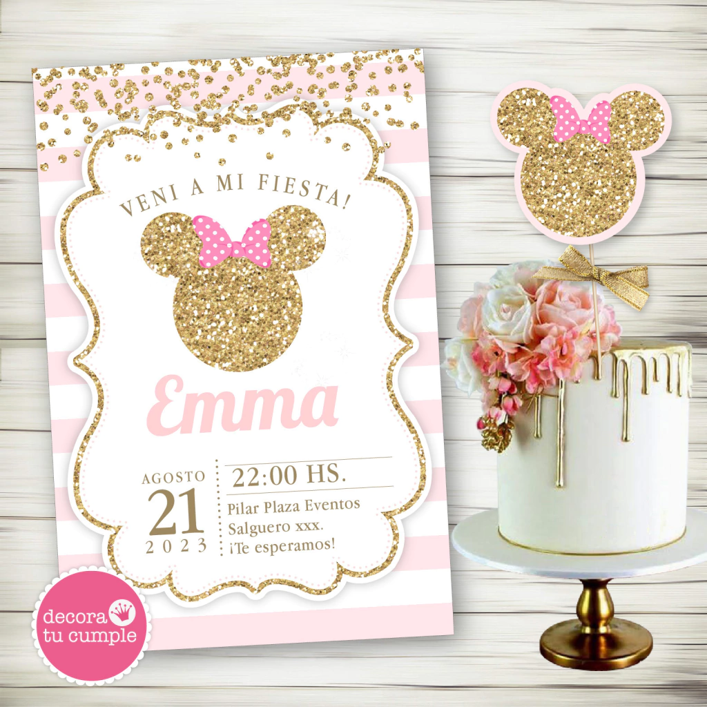 Kit imprimible personalizado minnie moño rosa glitter cumpleaños