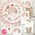 Kit imprimible osita arcoiris boho flores acuarela neutros invitacion digital cake topper 