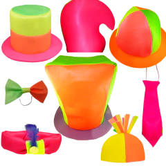 Conjunto de gorros y accesorios de cotillón en colores fluorescentes, incluyendo sombreros, moños y corbatas, ideales para fiestas y eventos.