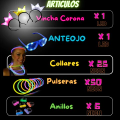 Combo Cotillon 100% Luz Super Neon 100 Artículos 50 Personas LU142 - Cotillon 10Tra
