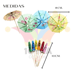 Paraguitas de papel coloridos para cócteles, con medidas de 8 cm y 10 cm, ideales para decorar tragos y cupcakes.
