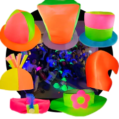 Conjunto de gorros de cotillón fluor de tela surtidos en colores vibrantes como naranja, verde, rosa y amarillo, diseñados para fiestas y eventos festivos