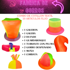 Combo Fluo 10 Gorros Tela Cotillon Corbata Moño Kit Sombreros Cotillon Casamiento 15 Años Cumpleaños Gorras Fluor - Cotillon 10Tra
