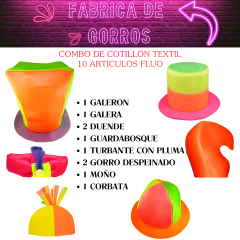 Combo Fluo 10 Gorros Tela Cotillon Corbata Moño Kit Sombreros Cotillon Casamiento 15 Años Cumpleaños Gorras Fluor - Cotillon 10Tra