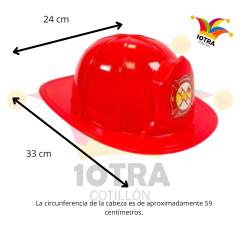 Casco de bombero rojo para disfraz, ideal para Halloween y despedidas de soltera, con medidas de 24 cm de altura y 33 cm de ancho.