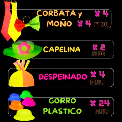 Combo Gorros Fluo 50 Personas Corbata Moño Cotillon tela y plastico - tienda online