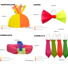 Imagen de Combo Fluo 10 Gorros Tela Cotillon Corbata Moño Kit Sombreros Cotillon Casamiento 15 Años Cumpleaños Gorras Fluor