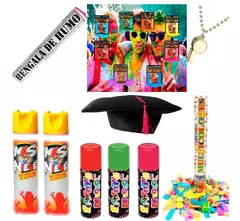 Combo de fiesta para egresados con bengalas de humo, sprays de colores, gorra de graduación y serpentinas.
