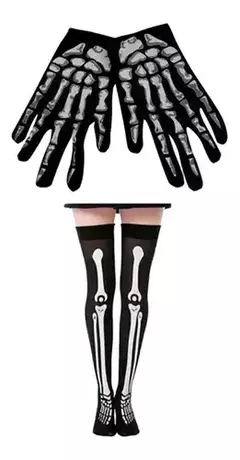 Guantes y medias de disfraz de esqueleto para Halloween, con diseño de huesos en color negro y gris.