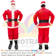 Disfraz de Papa Noel completo con chaqueta, pantalón, gorro, barba y cinturón en color rojo y negro