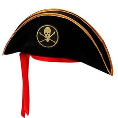 GORRO PIRATA TERCIOPELO NEGRO CALAVERA BLANCA CON CINTA ROJA