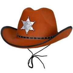 Gorro vaquero marrón con estrella de sheriff y cinta decorativa negra.