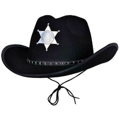 Gorro vaquero negro con insignia de sheriff en el frente