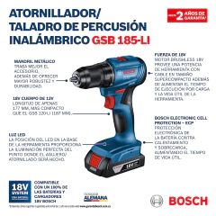 Taladro Atornillador Percutor a Batería Bosch GSB 185-LI en internet