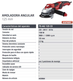 Amoladora Angular Eléctrica Einhell TE-AG 125 CE 125mm 1100w - comprar online