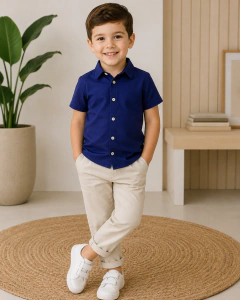 Conjunto esporte fino camisa social azul marinho e calça bege na internet