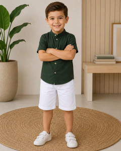 Conjunto camisa social Verde musgo e bermuda branca - loja online