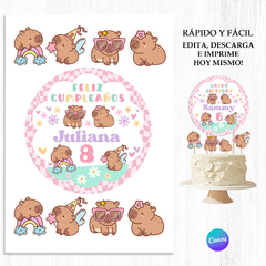 Adorno para torta con diseño de adorables capibaras y colores pastel, con textos editables en CANVA ¡Edita los textos e imprime hoy mismo! Cake Topper de Capibara