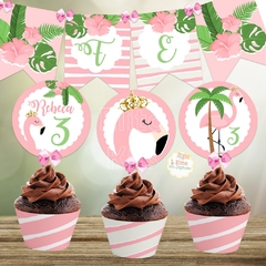 Kit Imprimible Flamencos + Banner Circular Fondo Mesa Dulce Candybar